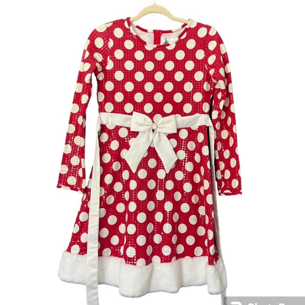 Rare Editions Girl’s Polka Dot Faux Fur Red Holiday Dress - Size 16